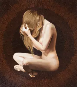 Assemblage “Magic of the Center” by Frank Rosenzweig: a seated female nude in oil painting against a radial background of rusty nails aligned with the center of the body.