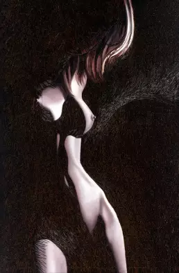 Assemblage “Oxydiva I” by Frank Rosenzweig: a female nude in oil paint, partially overlaid with rusty nails, on a dark nail-studded background.