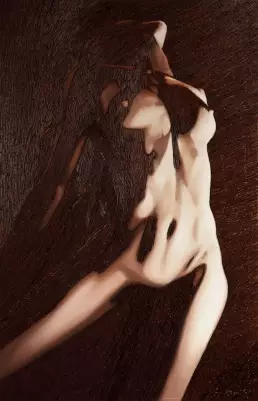 Assemblage “Oxydiva III” by Frank Rosenzweig: a female nude in oil paint, partially overlaid with rusty nails on canvas.