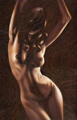 Assemblage “Oxydiva IV” by Frank Rosenzweig: a female nude in oil on canvas, partially overlaid with rusty nails.