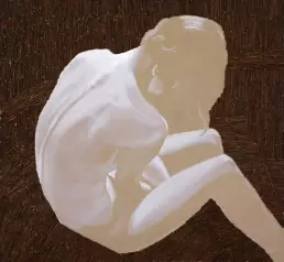 Assemblage “Reflection” by Frank Rosenzweig: a seated figure rendered in light-colored oil paint against a background of rusty nails that suggest a spiral staircase.