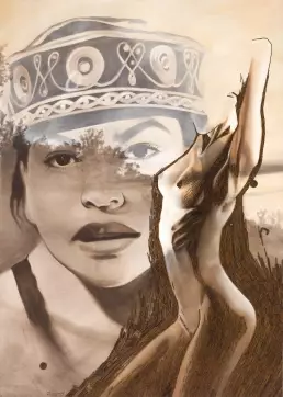 Large-format portrait of a woman, “Space & Time,” by Frank Rosenzweig, rendered in shades of brown and overlaid with reflections and a female nude composed of rusty nails on canvas.