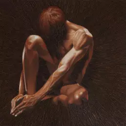 Assemblage “Yang” by Frank Rosenzweig: a male body rendered in oil paint, surrounded by rusty nails on canvas.